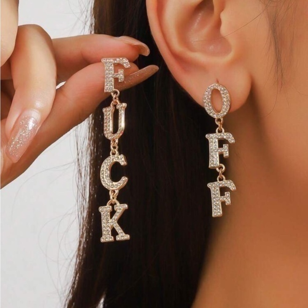 Gold Rhinestone Letter Dangle Punk Fashion F*uck Off Earrings